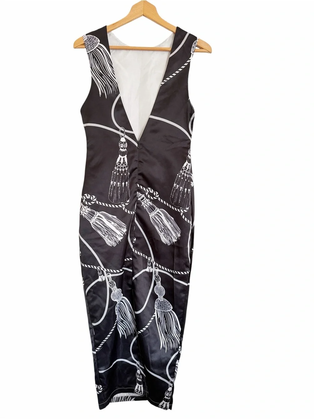 Eclect Black White Tassel Rope Print Formal Party Sleeveless Maxi Dress size S